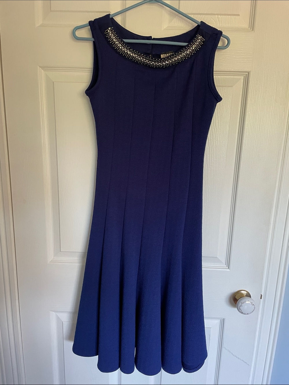 Sleeveless Beaded-Trim Fit & Flare Dress in Navy